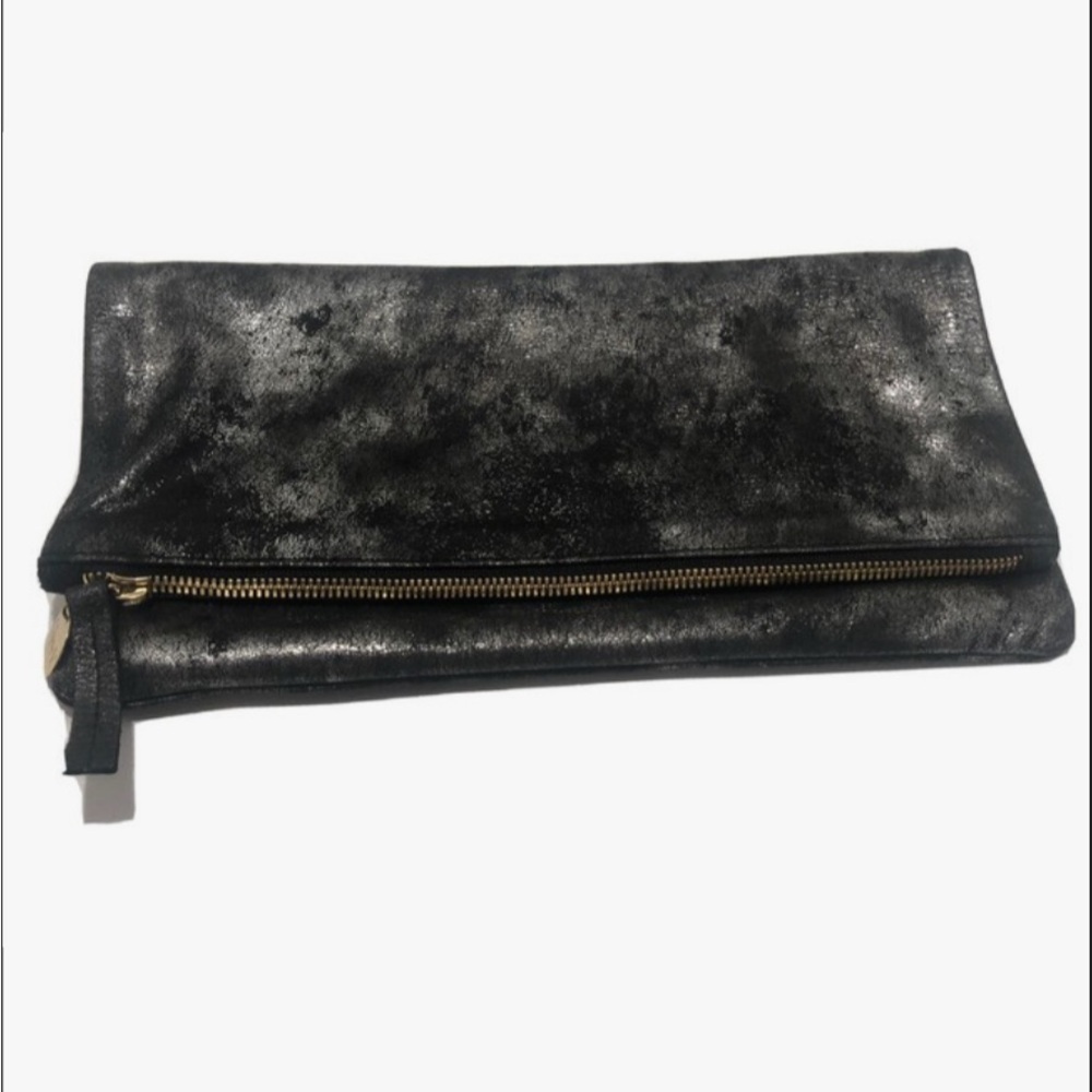 Clare V. Black metallic foldover leather clutch